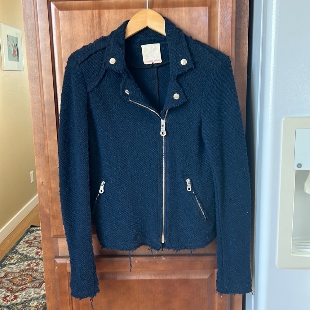 Rebecca Taylor Navy Tweed Moto Style Zip Up Jacket